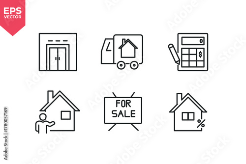 Set of line icons related to real estate agency, elevator, sale, budget, house moving, property tax. Outline icons collection. Editable stroke. Vector illustration