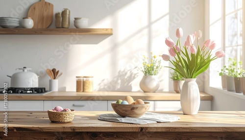 Wallpaper Mural Sunlit Kitchen Interior with Tulips and Wooden Accents. Torontodigital.ca