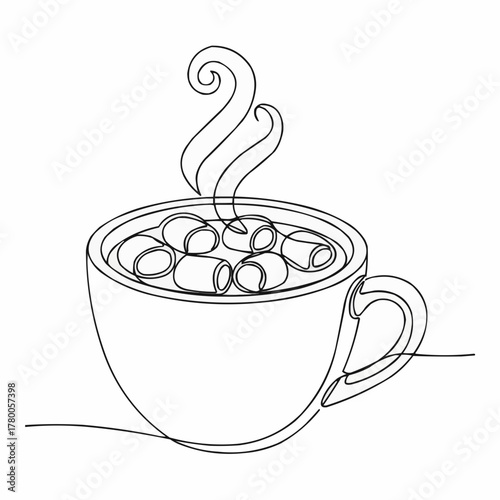 Cozy up with this continuous line art of hot chocolate and marshmallows, ideal for winter promotions, holiday designs, and adding a touch of warmth to any project