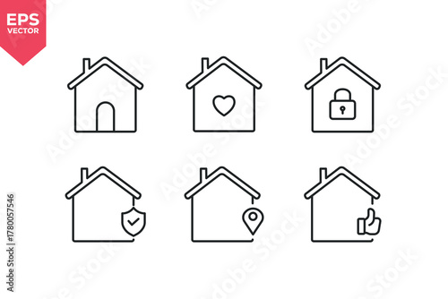 Set of line icons related to home, house, building, builds. Outline icons collection. Editable stroke. Vector illustration