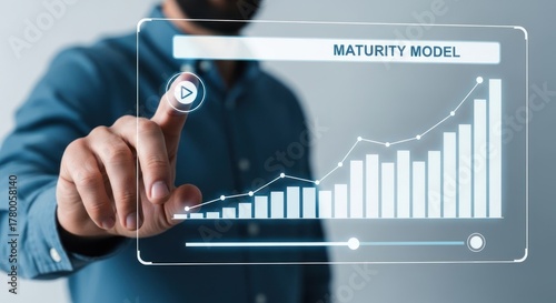 Businessman's hand touching digital screen with maturity model graph with rising bars trend line, for business growth, development, progress, strategic planning