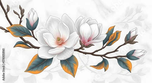 Photo of magnolia branch with white flowers and leaves isolated on white background, floral design