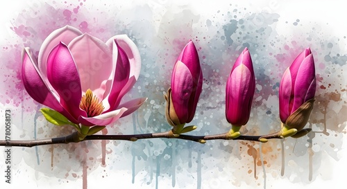 Photo of watercolor painting of a magnolia branch with a blooming flower and three closed buds