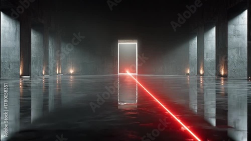 Mysterious room with laser beam and reflective floor