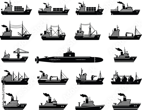 Collection of silhouette icons representing various types of ships and vessels