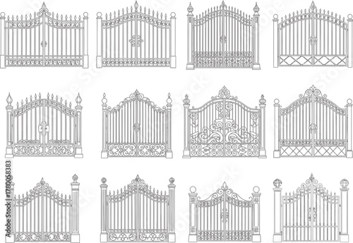 Collection of ornate wrought iron gate designs in black and white illustration