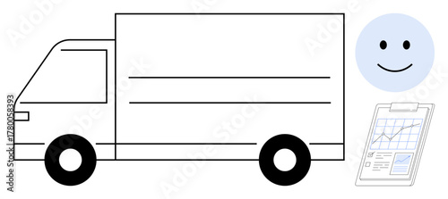 Delivery truck highlights logistics and transport. happy face symbolizes customer satisfaction, and clipboard with graphs indicates performance tracking. Ideal for logistics, supply chain, delivery