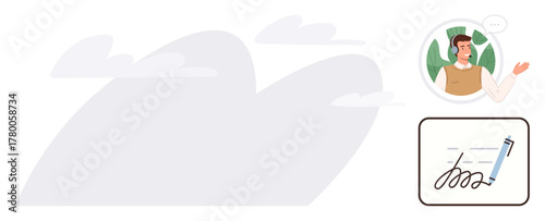 Man in video call speaking with hand gesture, document with signature and pen. Ideal for online meeting, virtual teamwork, digital workflow, remote business, e-signature, documentation, simple flat