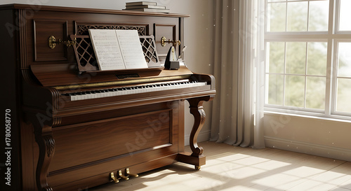 Classic wooden upright piano with sheet music by a bright window, bathed in natural light, creating a serene and musical interior.