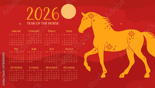 Calendar 2026. 12 months, starting from Sunday. Paper applique, ryellow horse on a red background. New Year of the Horse, Lunar New Year or Chinese New Year.