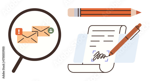 Magnifying glass over emails with alerts, paper signed digitally, pencil nearby. Ideal for communication, productivity, email management, contract signing, business tools, organization digital
