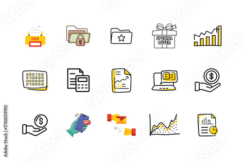 Business and finance icons on white background fax machine paper