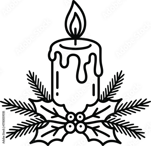 Winter Candle Scene – Black & White Festive Line Drawing