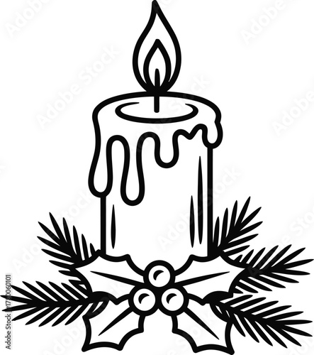 Christmas Candle with Pine Accents – Bold Line Vector Illustration