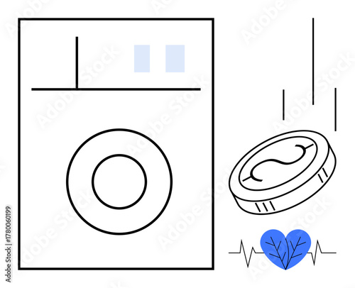 Washing machine with falling coin and heartbeat-shaped blue heart. Ideal for health, economy, saving, sustainability, technology, lifestyle, efficiency. Simple flat metaphor