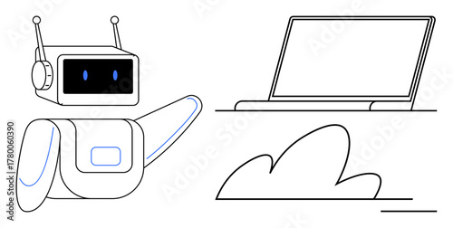Robot with antenna pointing towards cloud and laptop. Ideal for topics thumbs up AI, machine learning, cloud computing, technology integration, digital innovation, data storage, tech education