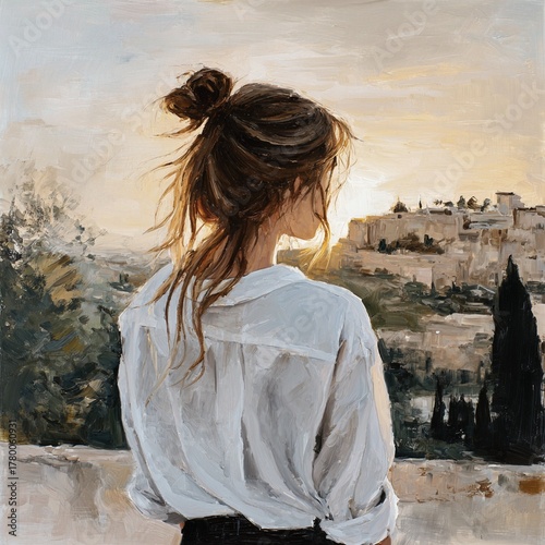 Woman gazing at warm sunrise over an ancient hillside cityscape.