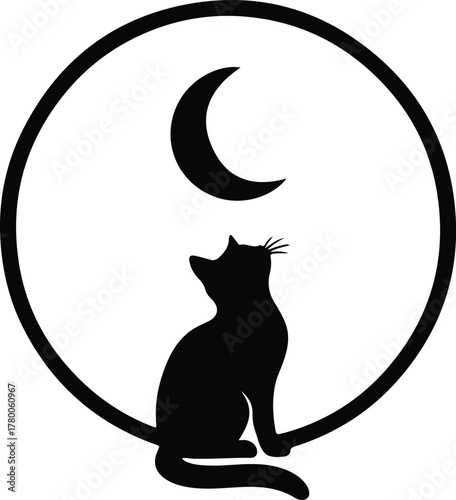 Vector black cat looking at moon in circle silhouette illustration