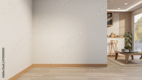 Fototapeta Naklejka Na Ścianę i Meble -  White wall and wooden parquet floor corridor hallway to dining room with table aside kitchen counter