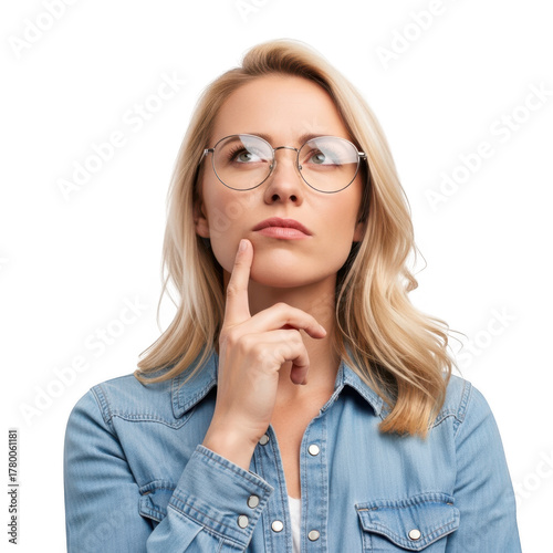 Woman with glasses thinking deeply isolated on transparent background