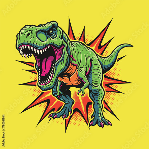 Neon Pop Art Style T-Rex Dinosaur Exploding with Color Illustration