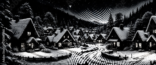 Abstract grunge black and white vector sketch of an old town street with a church and vintage buildings.