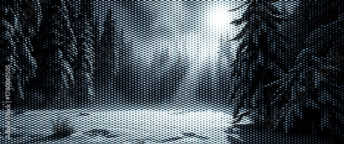 White frost covers a cold winter forest landscape while rain on the window brings the peaceful scene inside.