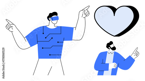 Man wearing VR headset pointing at a heart, another man pointing upward. Ideal for virtual reality, technology, innovation, human connection, future concepts, gaming, simple flat metaphor