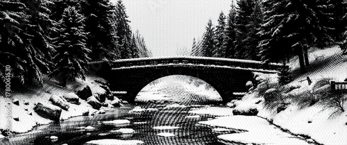 Black and white vintage photo of an old bridge in a snowy winter landscape with trees and a frozen river.
