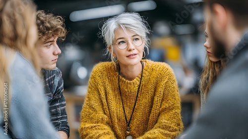 A mature woman with gray hair and glasses leads a group discussion with young adults in a casual setting.