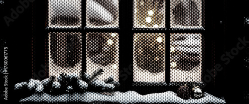 Black electric guitar close up with a frosty grunge texture and a winter tree ornament design.