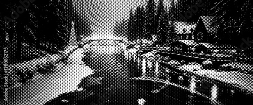 An abstract sketch of old black and white city architecture with a grunge film projector lens and small channel.