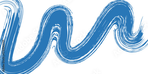 Grunge grainy blue brush stroke with spray texture. Hand drawn distress damaged vintage banner with zigzag bold line. Rough thick brush stroke texture. Spray paint effect vector background.