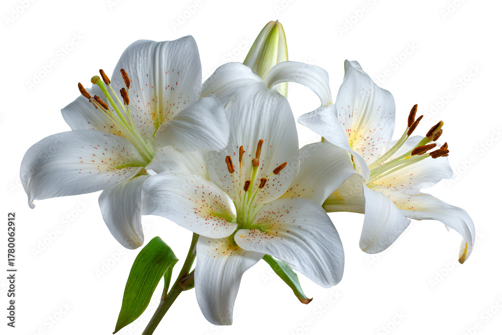 Naklejka premium Three white lilies with green leaves isolated on transparent background