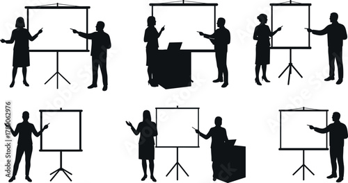 Presentation silhouette, business speaker, flip chart pose, public speaking, training session, seminar illustration, corporate meeting, teaching concept, podium, laptop