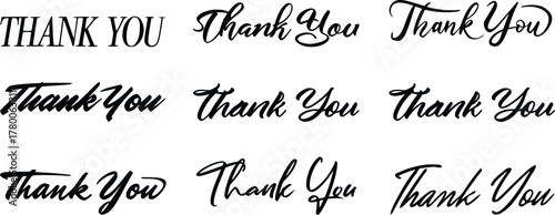 Collection of “Thank You” text designs in multiple fonts and styles. Elegant typography set for cards, invitations, and digital projects. Perfect for expressing gratitude creatively.