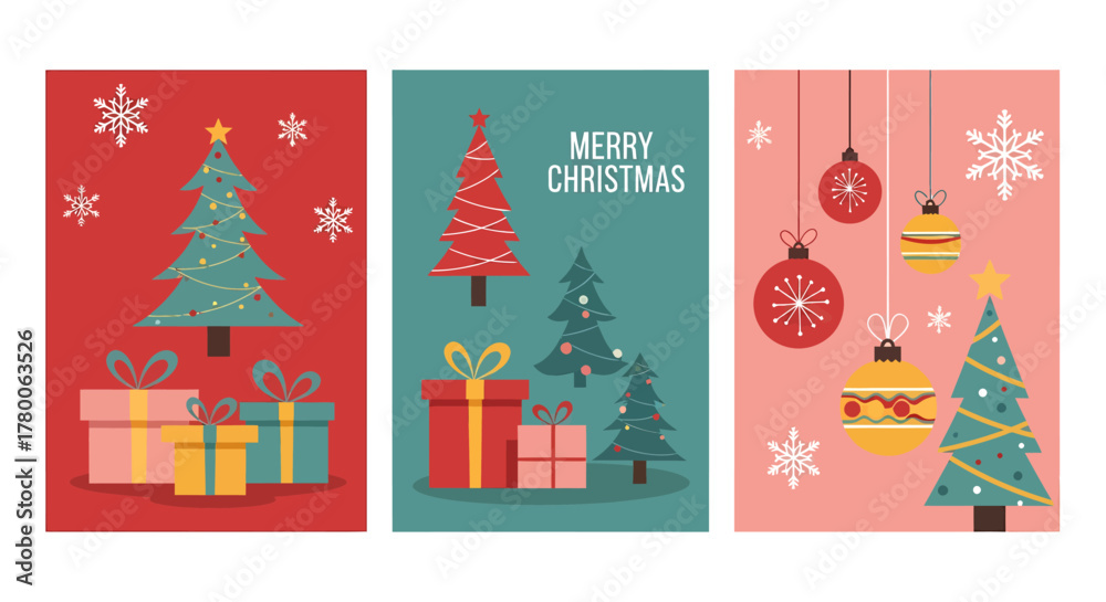 Naklejka premium Three festive Christmas cards featuring decorated trees, gift boxes, and ornaments against red, teal, and pink backgrounds.