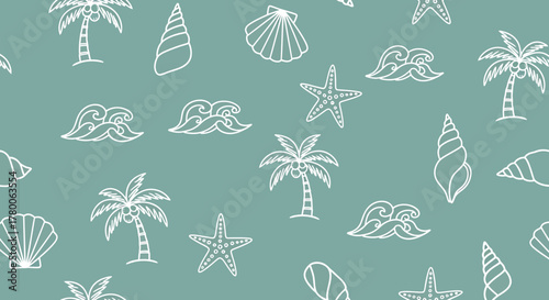 A repeating pattern featuring white line drawings of seashells, palm trees, and starfish on a teal background.
