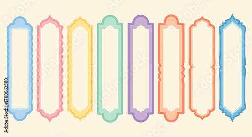 A collection of eight colorful, ornate vertical frames or labels with decorative borders.