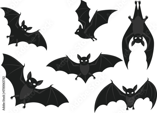 Cartoon bats flying and hanging, black wings, nocturnal animals, Halloween theme, spooky creatures, isolated vector set, cute bat illustrations, dark background