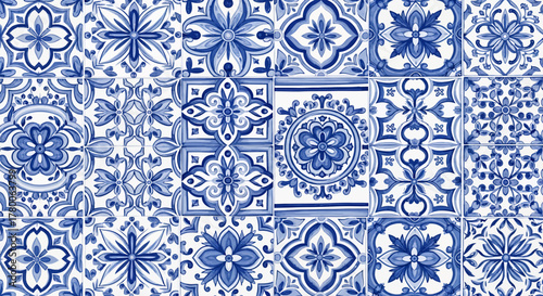 Close-up of a collection of blue and white patterned ceramic tiles, forming a decorative surface.