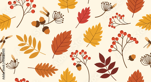 A seamless pattern of autumn leaves, acorns, and berries in warm fall colors on a cream background.