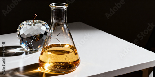 Golden flask and crystal apple symbolizing illusion, perfection, and deceptive transformation.