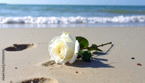 A white rose on the sandy beach against the background of the waves.