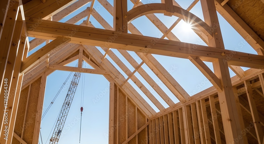 Obraz premium Sunlit wooden framework of a new residential house under construction with a crane in the background