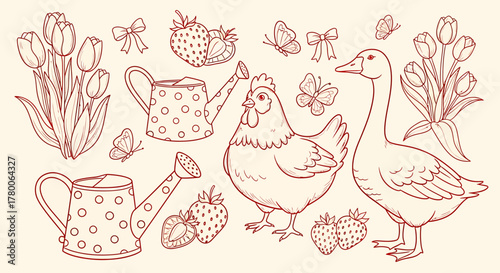 Line art illustration of farm and garden elements including tulips, strawberries, butterflies, watering cans, a chicken, and a goose.