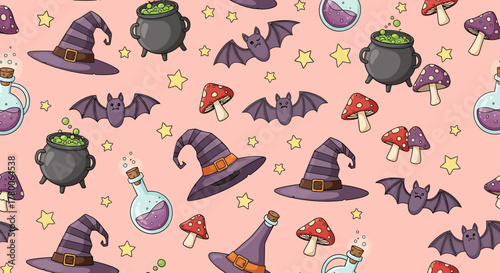 A whimsical Halloween pattern featuring witch hats, cauldrons, bats, mushrooms, and potion bottles on a pink background with stars.