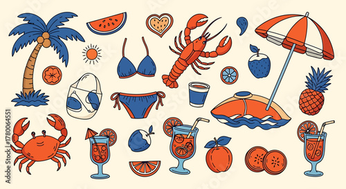 A collection of hand-drawn summer beach vacation elements including palm trees, sea creatures, swimwear, cocktails, and fruits.