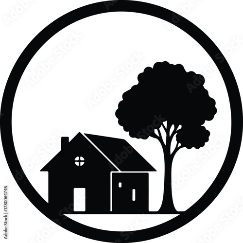 Vector house with tree inside a circle silhouette illustration
