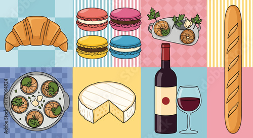 A vibrant collage of French culinary delights, featuring a croissant, macarons, escargots, brie cheese, a baguette, and red wine.